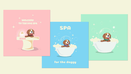 Pictures for grooming dogs. Cartoon character. Puppy in the bath in the foam and on a light background.