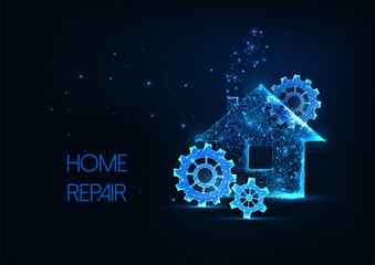 Futuristic home repair concept with glowing house icon and gears, cog wheels isolated on dark blue