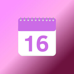 16 Day Calendar date 3d icon. 16th day of the month icon. Event schedule date. Purple design. Agenda plan, month  3d calendar and Time planner. reminder. Vector Illustration