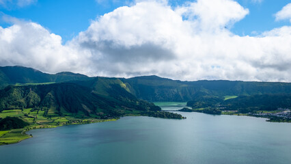 Panoramic view from the Cumeeiras viewpoint to Sete Cidades Lake - " Lagoa das Sete Cidades " - and its twin lagoons, green and blue, São Miguel Island, Azores, Portugal