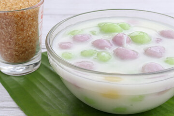 Thai dessert with colorful flour, milk and egg, rainbow tapioca Famous Thai dessert, Bualoy