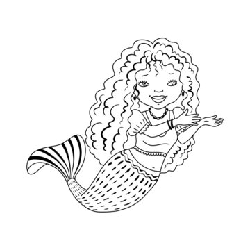 recommend clip art: Cute little mermaid swims underwater in outline style. A design element for a postcard, coloring. Vector.