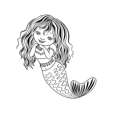 Cute little mermaid swims underwater in outline style. A design element for a postcard, coloring. Vector.