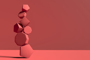 Abstract 3D render design ready template with minimalistic coral red objects