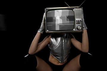 Televion head woman with static on screen