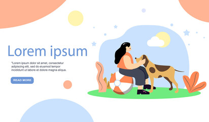 Dog landing concept with girl in park with dog. Woman enjoy spending time outdoors communicating with pet. Cartoon flat vector illustration EPS