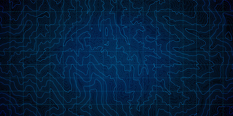 Top View Of The Mountain Range Vector Detailed Topographic Contour Map Abstract Deep Blue Background. Game Conceptual Interface GPS Satellite Navigation Relief Terrain Cartography Art Illustration