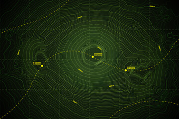Sea Abyss Crater Vector Topographic Map With Depth Route And Coordinates Conceptual User Interface Dark Green Background. Topography Relief Of Dormant Volcano Underwater Area Abstract Illustration - obrazy, fototapety, plakaty