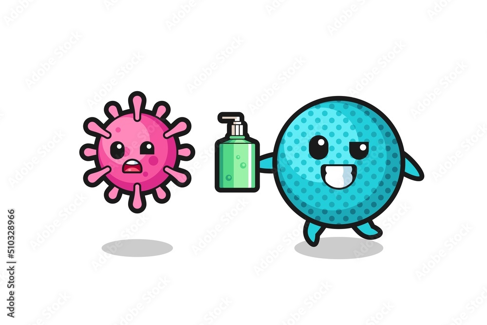 Wall mural illustration of spiky ball character chasing evil virus with hand sanitizer