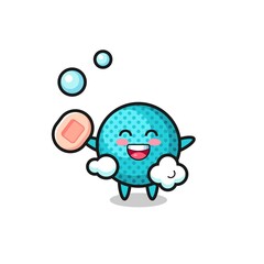 spiky ball character is bathing while holding soap