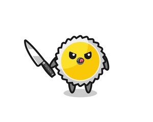 cute saw blade mascot as a psychopath holding a knife