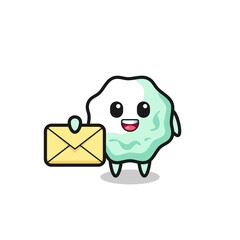 cartoon illustration of chewing gum holding a yellow letter