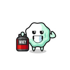 the muscular chewing gum character is holding a protein supplement