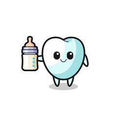 baby tooth cartoon character with milk bottle