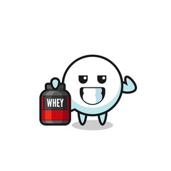 the muscular speech bubble character is holding a protein supplement