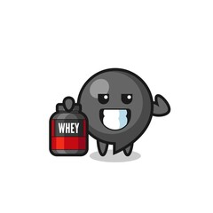 the muscular comma symbol character is holding a protein supplement