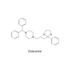 Dotarizine molecule flat skeletal structure, CCB and 5HT2A antagonist class drug used to treat migraine. Vector illustration.