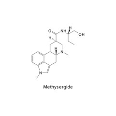 Obraz premium Methysergide molecule flat skeletal structure, Ergot class drug used to treat migraine. Vector illustration.