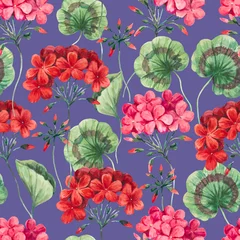 Foto auf Acrylglas Watercolor seamless pattern of geranium flowers and leaves. Botanical illustration, colorful background for design and decor. © Yuliya