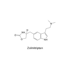 Zolmitriptan molecule flat skeletal structure, Triptan class drug used to treat migraine. Vector illustration.