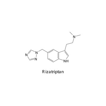 Rizatriptan molecule flat skeletal structure, Triptan class drug used to treat migraine. Vector illustration.