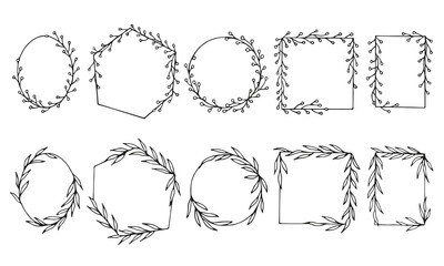 Hand drawn floral frames in different shapes collection, isolated borders with leaves ornament in outline style vector illustration.