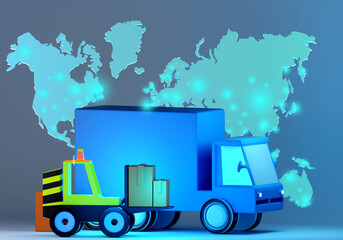 Transnational cargo transportation. Forklift and truck. Preparing cargo for transportation. Concept...