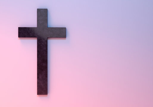 Christian crucifix. Catholic cross. Marble cross on wall. Religious perception. Place for inscription. Christian denomination. Copy space. Catholic religious cross on pink. 3d rendering.