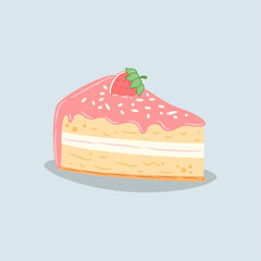Strawberry cake slice drawing on pastel blue background.