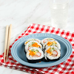 Gimbap or Kimbap, Korean Roll Rice with Nori Laver, Sesame Seed, and Various Vegetable
