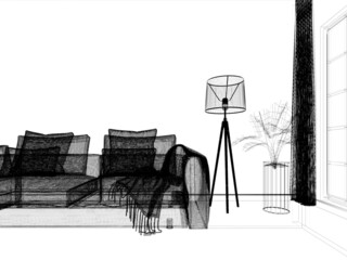 sketch design of living room ,3d wireframe rendering