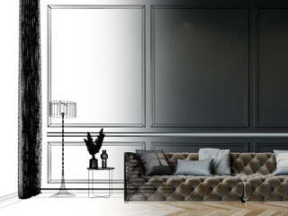 sketch design of luxury living room ,3d wireframe rendering