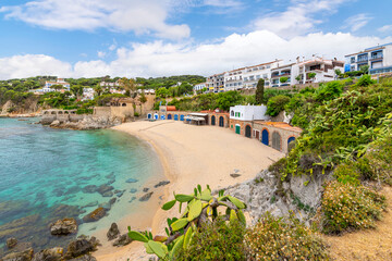 A small sandy beach along the Costa Brava coast of Spain at the fishing village of Calella de Palafrugell.