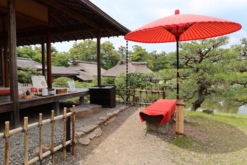 A scene of the teahouse of Genkyu-en Japanese Garden in Hikone-jyo Castle in Hikone City in Shiga...