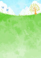 手描きの草原と樹木の風景イラスト