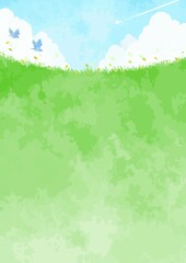 草原と青空の手描き風景イラスト