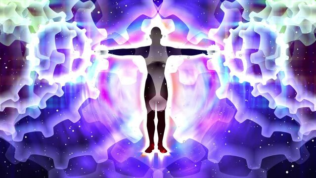 Silhouette of person spreading arms with body system regeneration gear effect