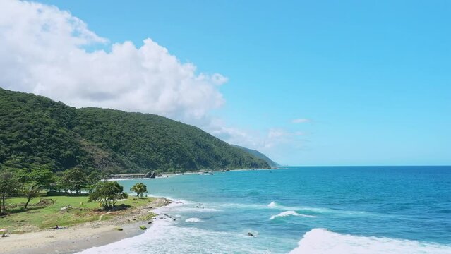 Panoramic aerial view of the La Punta beach, space for surfers in Los Caracas, La Guaira - Venezuela. Vargas state coastline
