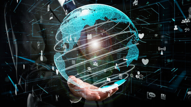 Businessman show hologram of global network communication allusive technology. Virtual augmented reality generated by 3D rendering motion graphic and animation to create futuristic HUD .