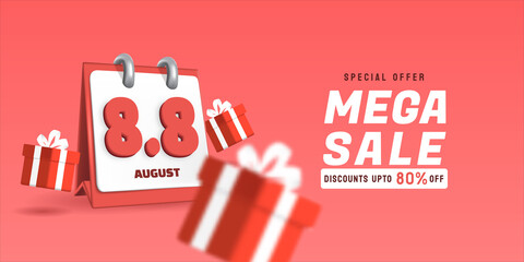 8.8 Mega Sale with 3D Calendar. August sales banner template design for social media and website.
