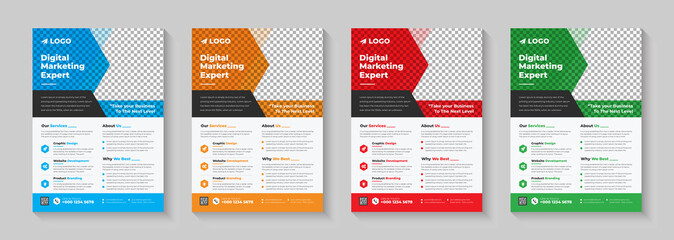 Digital Marketing Agency Flyer, Business Marketing Flyer Set,corporate Business Flyer Template Design Set With Blue, Yellow, Pink And Green Color.digital Marketing New Flyer.