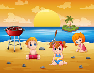 Vector illustration of Children playing at the beach 