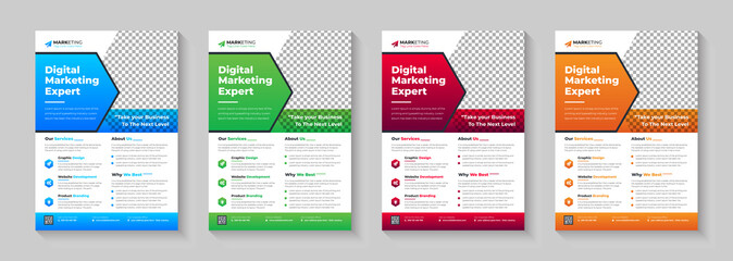 Digital Marketing Agency Flyer, Business Marketing Flyer Set,corporate Business Flyer Template Design Set With Blue, Yellow, Pink And Green Color.digital Marketing New Flyer.