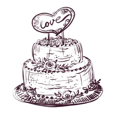 Wedding cake with love, vintage sketch on a white background. Hand-drawn wedding cake in Provence style. Holiday dessert