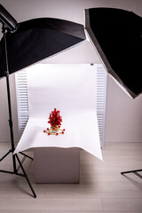 Photographing a Christmas tree in the studio, two pulse softboxes and a white background with a red Christmas tree