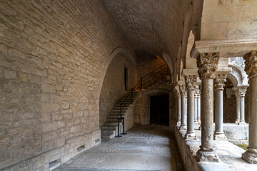 The inner courtyard, portico and arches inside the medieval Girona Cathedral in the Spanish town of Girona.