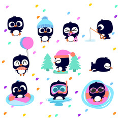 vector illustration of penguin collection in cute cartoon style