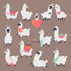 vector illustration of llama collection in cute cartoon style