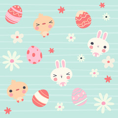 vector illustration of cute white rabbit and chicken with texture egg collection in cartoon style