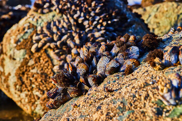 Rocks covered in colorful mussels near sunset